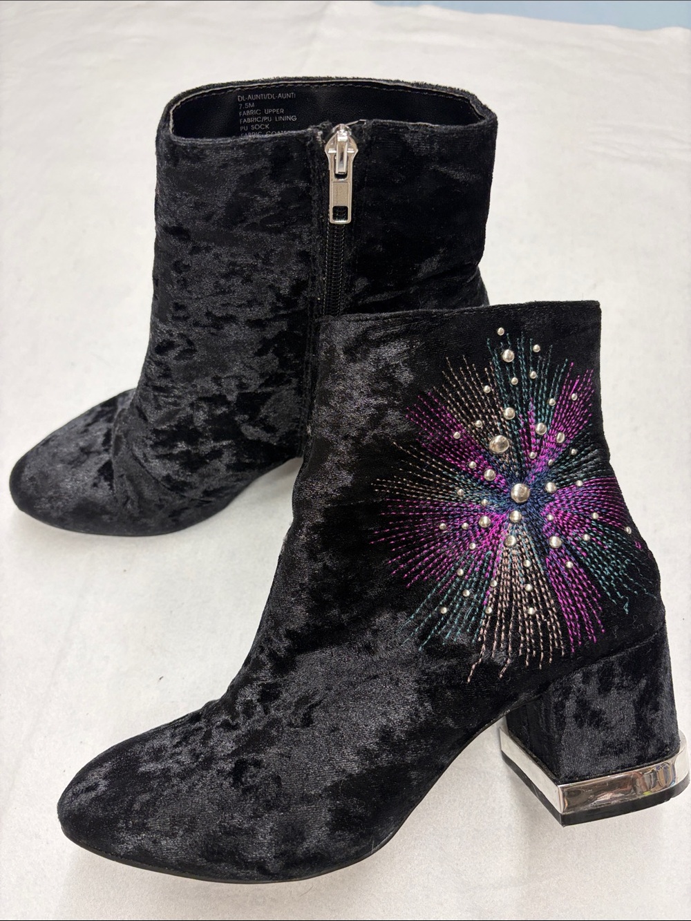 Design Lab Lord & Taylor Black Velvet Ankle Boots Purple&Teal studded Embroidery